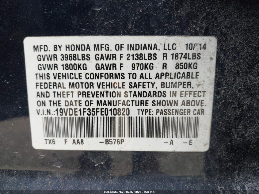 2015 Acura Ilx 2.0L VIN: 19VDE1F35FE010820 Lot: 45550762