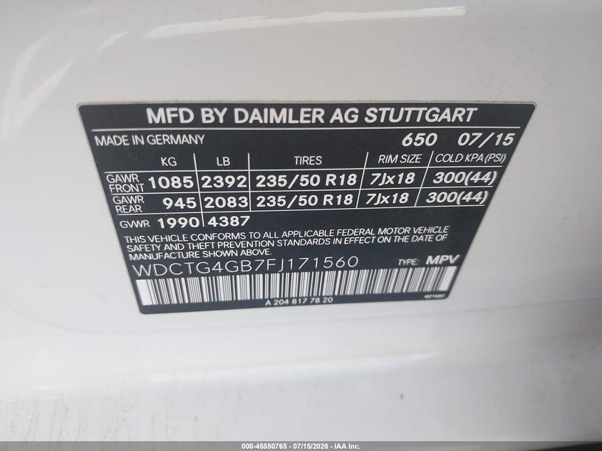 2015 Mercedes-Benz Gla 250 4Matic VIN: WDCTG4GB7FJ171560 Lot: 45550765