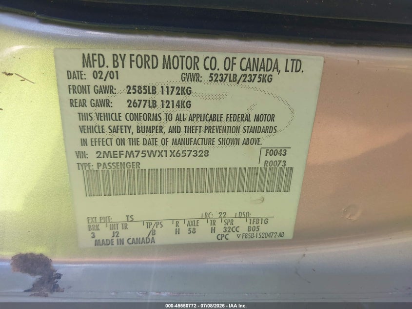 2001 Mercury Grand Marquis Ls VIN: 2MEFM75WX1X657328 Lot: 45550772