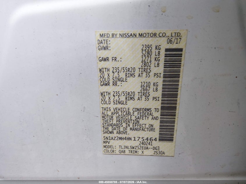 2017 Nissan Murano Platinum VIN: 5N1AZ2MH4HN175464 Lot: 45550785