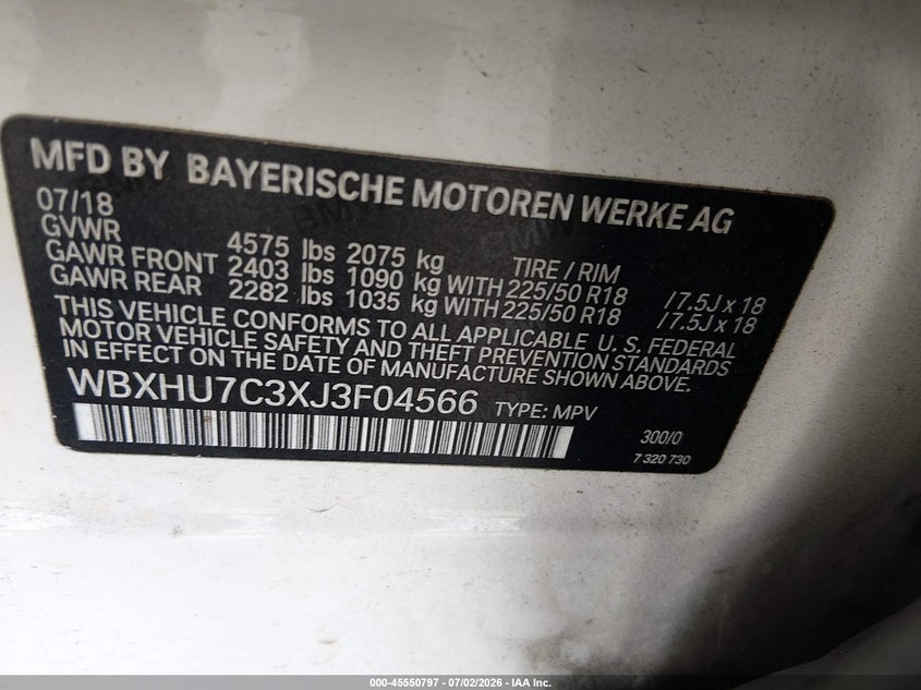 2018 BMW X1 Sdrive28I VIN: WBXHU7C3XJ3F04566 Lot: 45550797