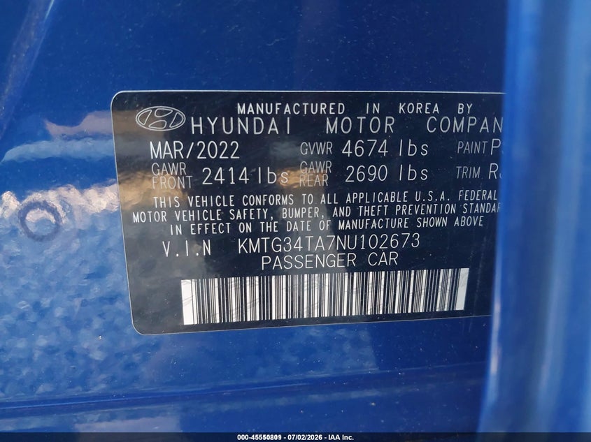 2022 Genesis G70 2.0T Rwd VIN: KMTG34TA7NU102673 Lot: 45550801