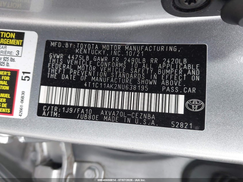 2022 Toyota Camry Le VIN: 4T1C11AK2NU638195 Lot: 45550814