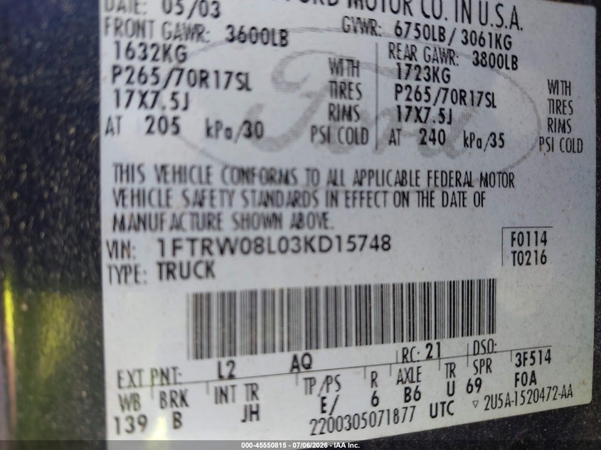 2003 Ford F-150 Lariat/Xlt VIN: 1FTRW08L03KD15748 Lot: 45550815