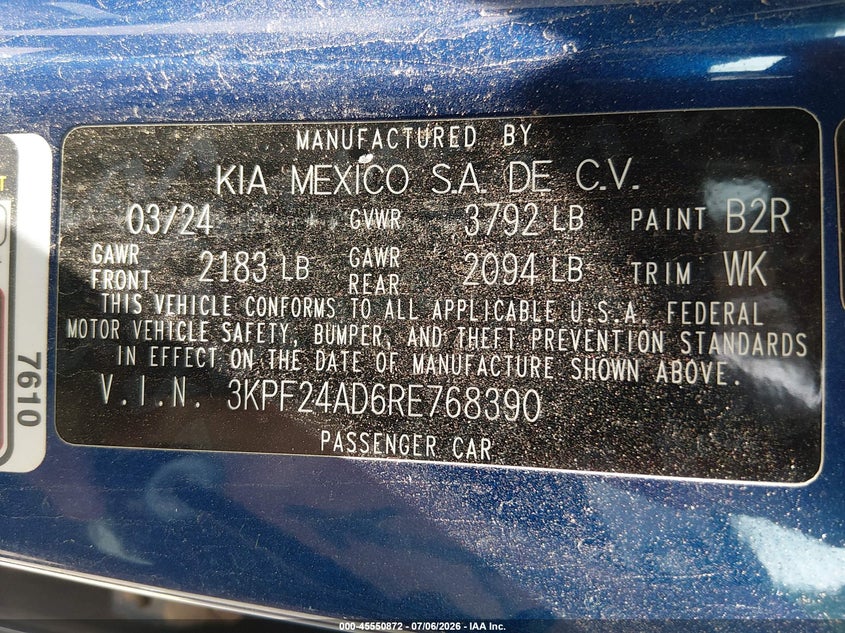 2024 Kia Forte Lxs VIN: 3KPF24AD6RE768390 Lot: 45550872