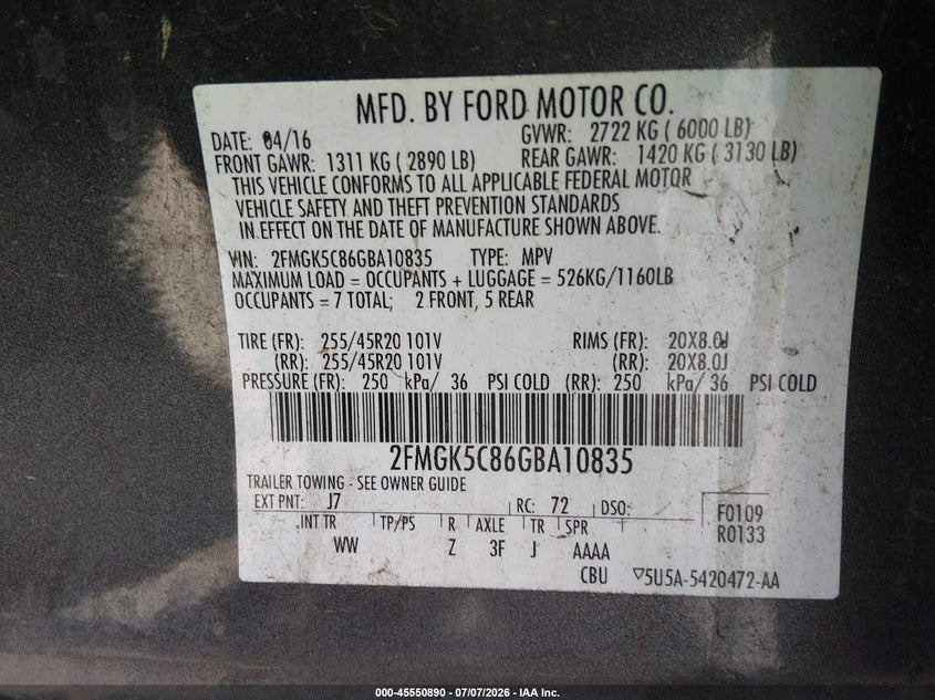 2016 Ford Flex Sel VIN: 2FMGK5C86GBA10835 Lot: 45550890