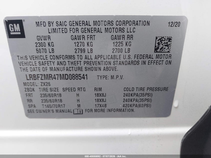 2021 Buick Envision Awd Preferred VIN: LRBFZMR47MD088541 Lot: 45550892