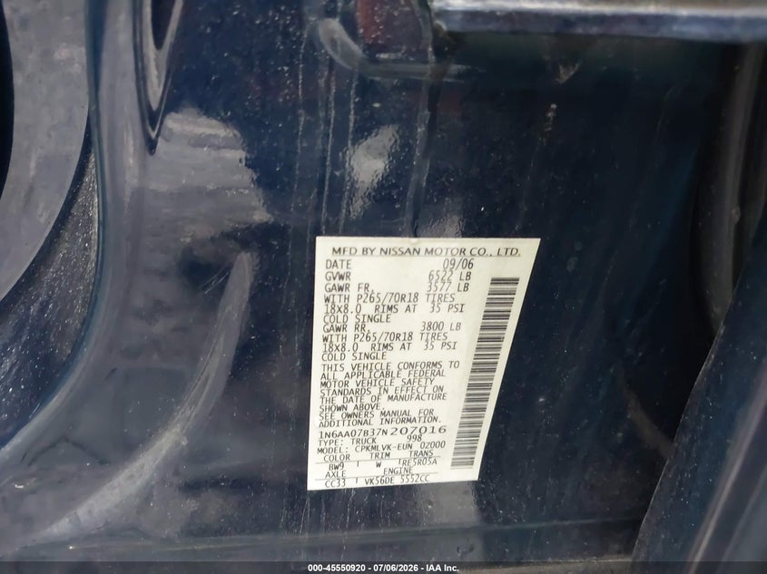 2007 Nissan Titan Le VIN: 1N6AA07B37N207016 Lot: 45550920