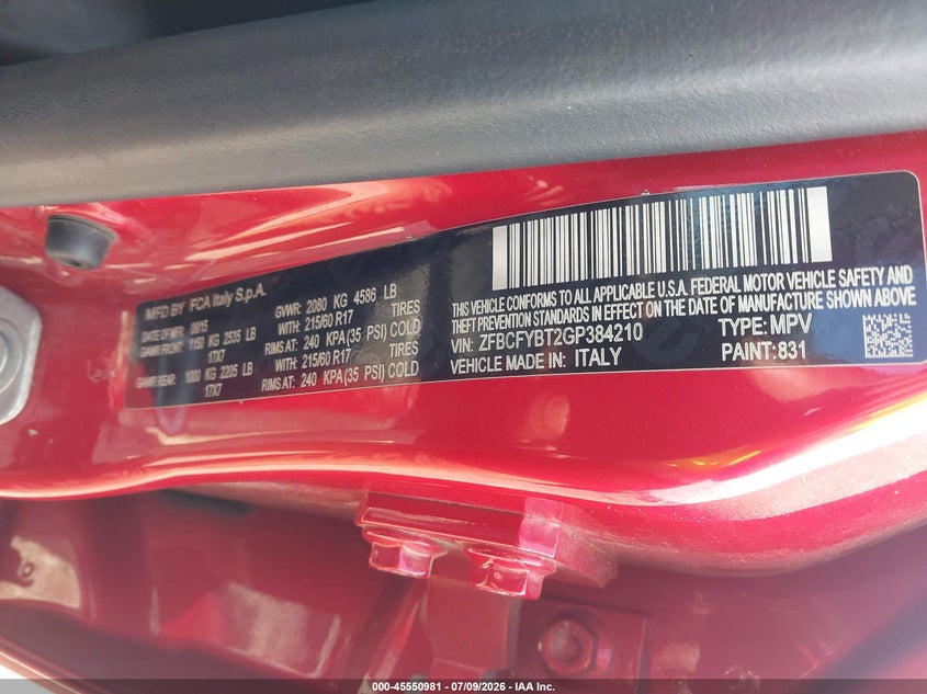2016 Fiat 500X Easy VIN: ZFBCFYBT2GP384210 Lot: 45550981