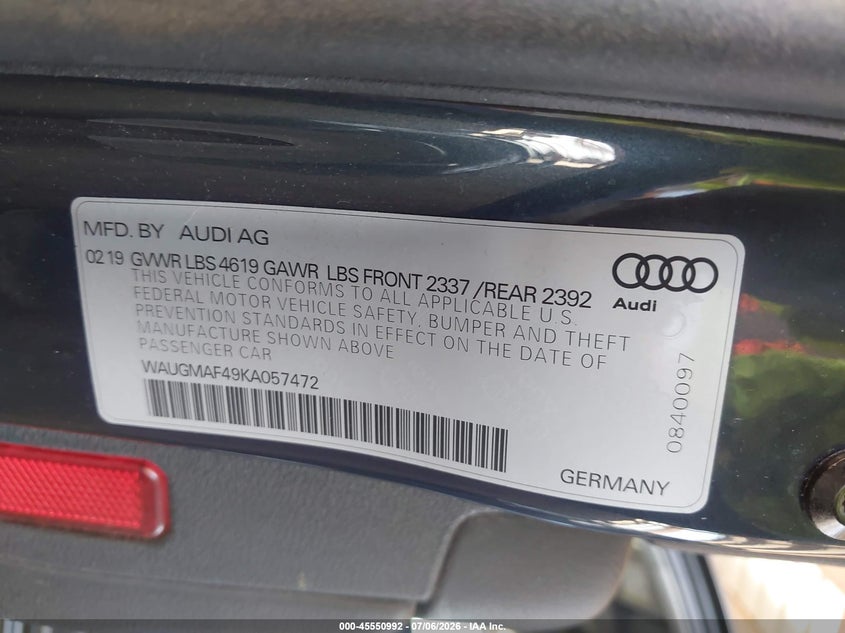 2019 Audi A4 40 Premium/40 Titanium Premium VIN: WAUGMAF49KA057472 Lot: 45550992
