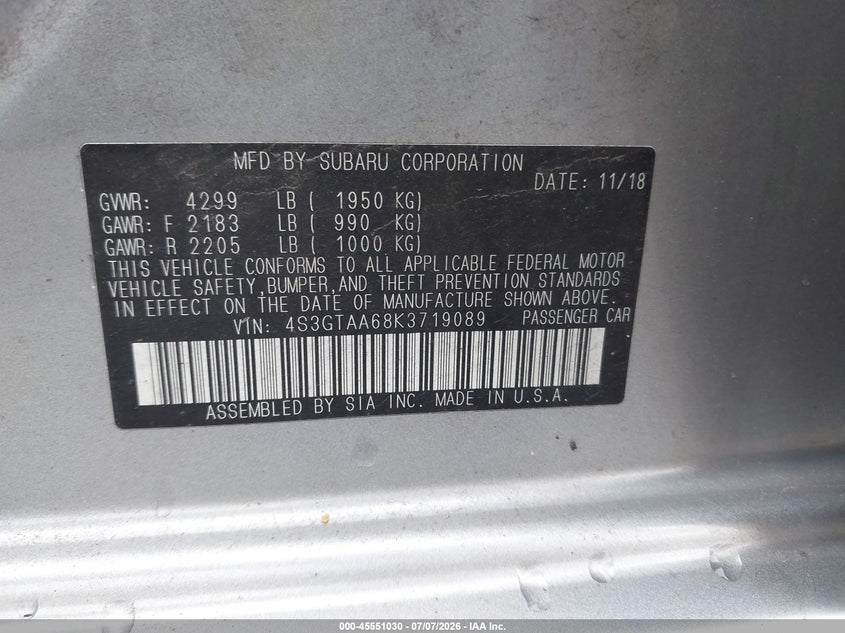 2019 Subaru Impreza 2.0I VIN: 4S3GTAA68K3719089 Lot: 45551030