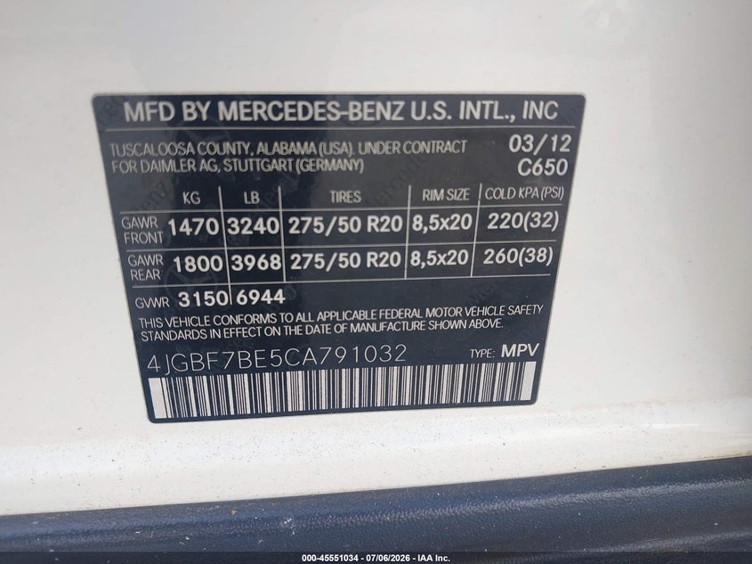 2012 Mercedes-Benz Gl 450 4Matic VIN: 4JGBF7BE5CA791032 Lot: 45551034