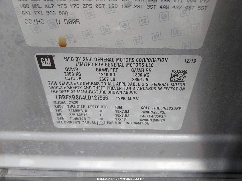 2020 Buick Envision Fwd Preferred VIN: LRBFXBSA4LD127966 Lot: 45551078