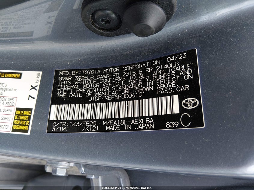 2023 Toyota Corolla Le VIN: JTDB4MEE5PJ006101 Lot: 45551121