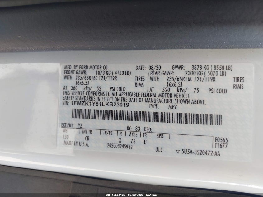 FORD TRANSIT-150 PASSENGER VAN 2020 VIN 1FMZK1Y81LKB23019