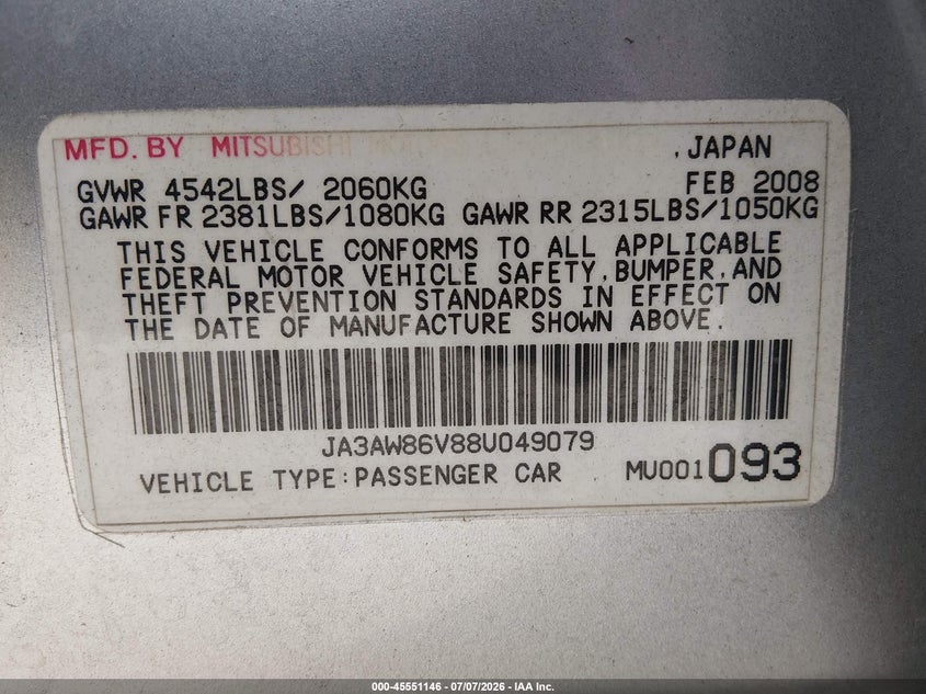 2008 Mitsubishi Lancer Evolution Gsr VIN: JA3AW86V88U049079 Lot: 45551146
