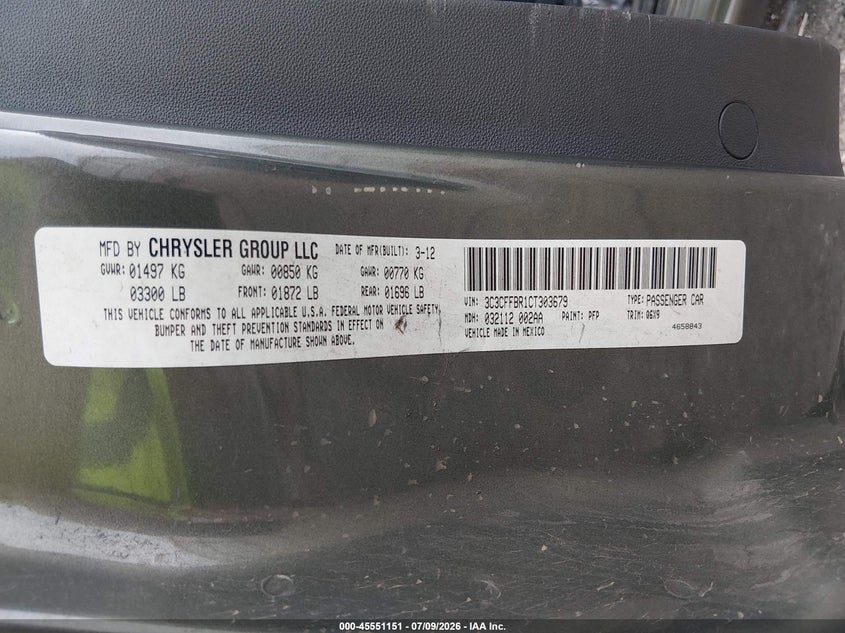 2012 Fiat 500 Sport VIN: 3C3CFFBR1CT303679 Lot: 45551151