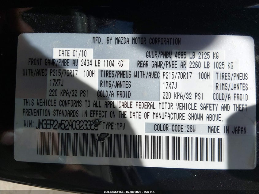 2010 Mazda Cx-7 I Sport VIN: JM3ER2W52A0323369 Lot: 45551156