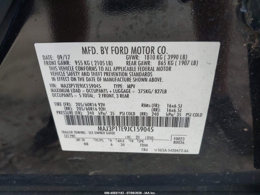 2018 Ford Ecosport Se VIN: MAJ3P1TE9JC159045 Lot: 45551182