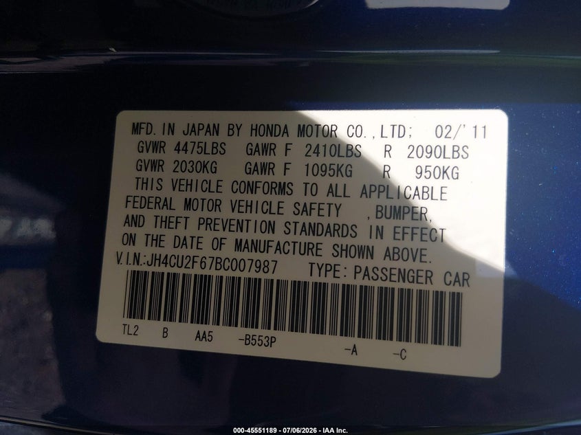 2011 Acura Tsx 2.4 VIN: JH4CU2F67BC007987 Lot: 45551189