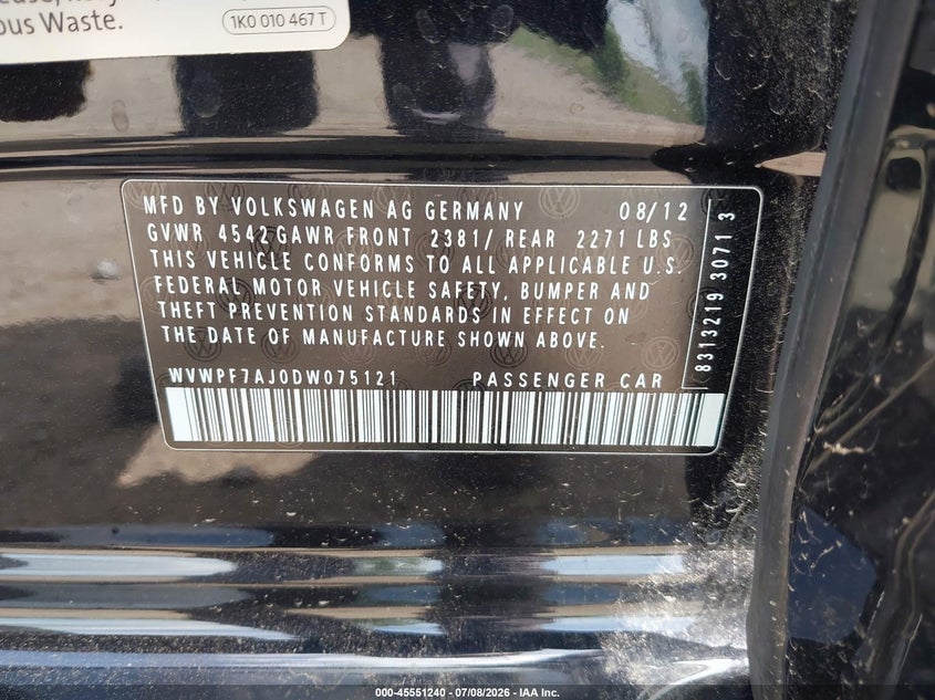 2013 Volkswagen Golf R 4-Door VIN: WVWPF7AJ0DW075121 Lot: 45551240