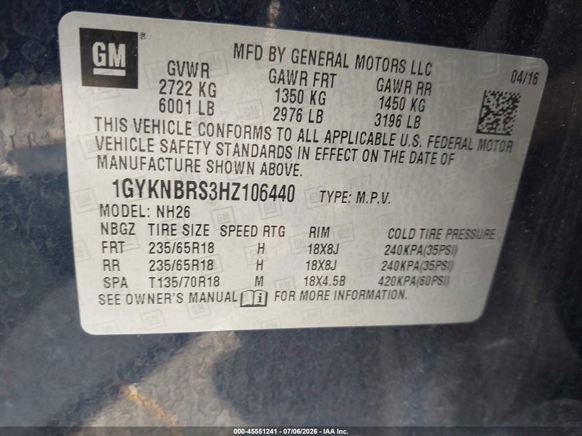 2017 Cadillac Xt5 Luxury VIN: 1GYKNBRS3HZ106440 Lot: 45551241