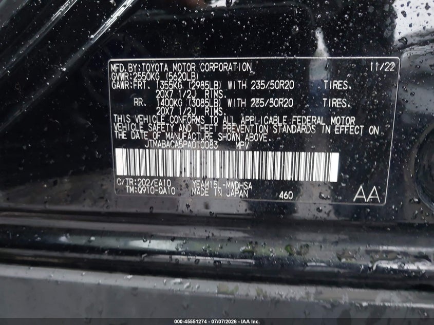 2023 Toyota Bz4X Limited VIN: JTMABACA5PA010083 Lot: 45551274
