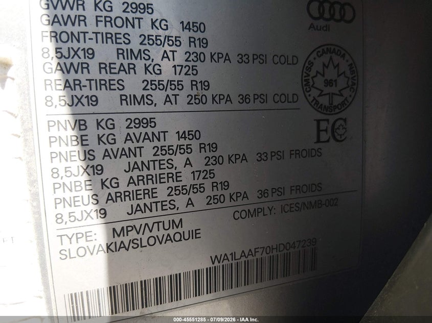 2017 Audi Q7 3.0T Premium VIN: WA1LAAF70HD047239 Lot: 45551285
