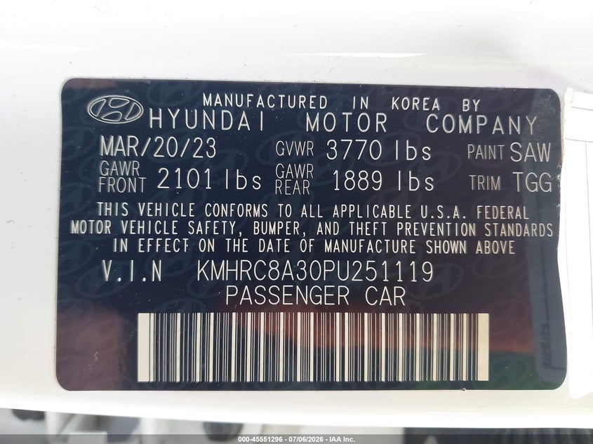 2023 Hyundai Venue Sel VIN: KMHRC8A30PU251119 Lot: 45551296
