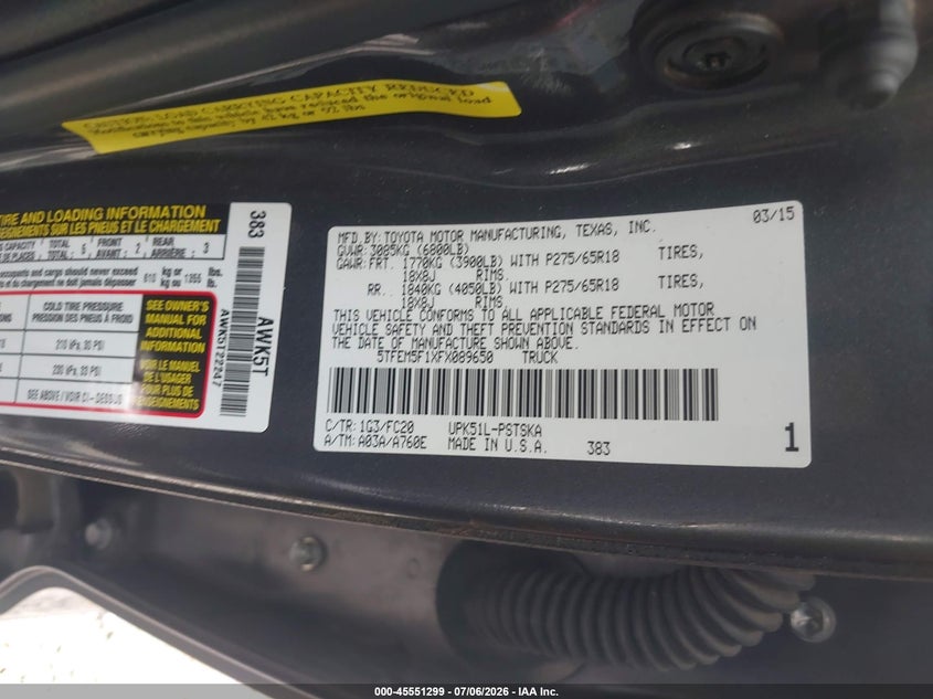 2015 Toyota Tundra Sr5 4.6L V8 VIN: 5TFEM5F1XFX089650 Lot: 45551299