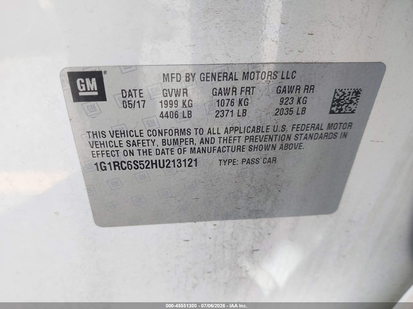 2017 Chevrolet Volt Lt VIN: 1G1RC6S52HU213121 Lot: 45551300