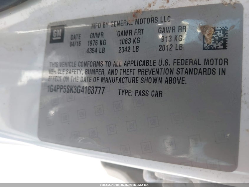 2016 Buick Verano VIN: 1G4PP5SK3G4163777 Lot: 45551318
