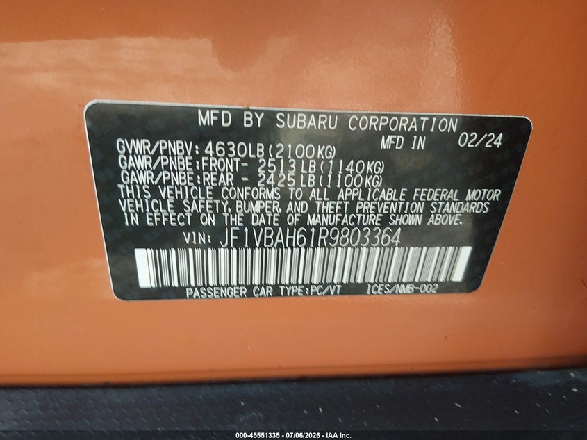 2024 Subaru Wrx Premium VIN: JF1VBAH61R9803364 Lot: 45551335