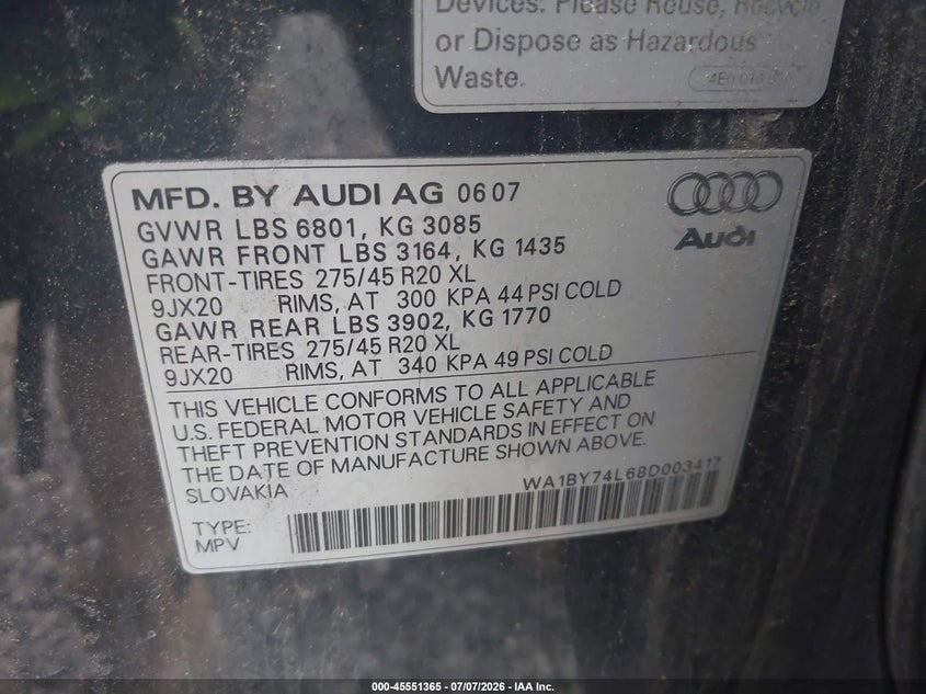 2008 Audi Q7 3.6 Premium VIN: WA1BY74L68D003417 Lot: 45551365