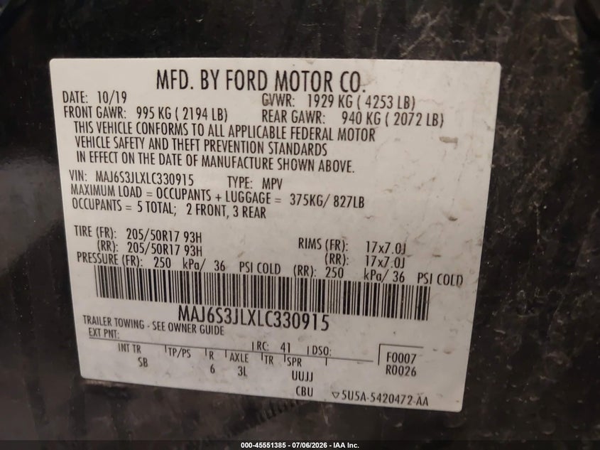2020 Ford Ecosport Ses VIN: MAJ6S3JLXLC330915 Lot: 45551385