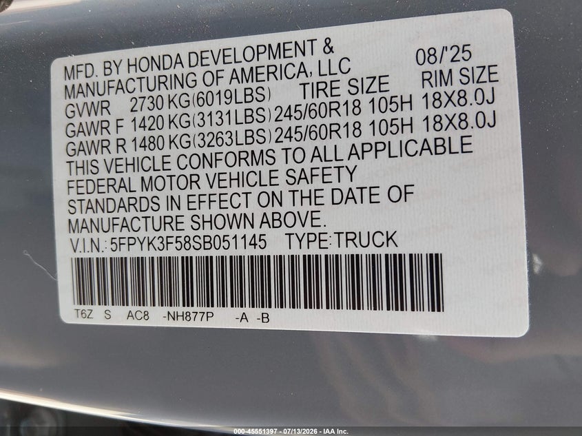 2025 Honda Ridgeline Rtl VIN: 5FPYK3F58SB051145 Lot: 45551397