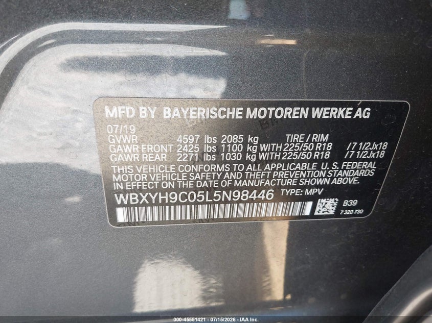 2020 BMW X2 Sdrive28I VIN: WBXYH9C05L5N98446 Lot: 45551421