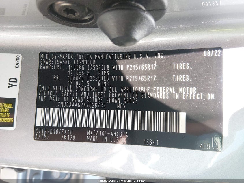 2022 Toyota Corolla Cross Le VIN: 7MUCAAAG2NV026735 Lot: 45551430