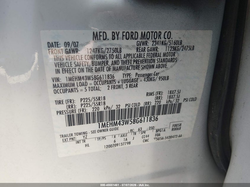 2008 Mercury Sable Premier VIN: 1MEHM43W58G611836 Lot: 45551461