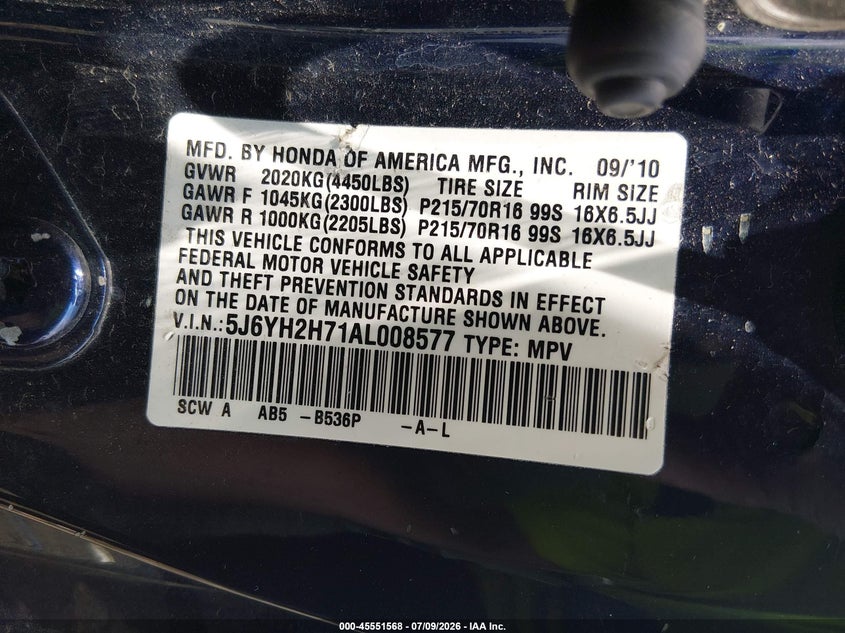 2010 Honda Element Ex VIN: 5J6YH2H71AL008577 Lot: 45551568
