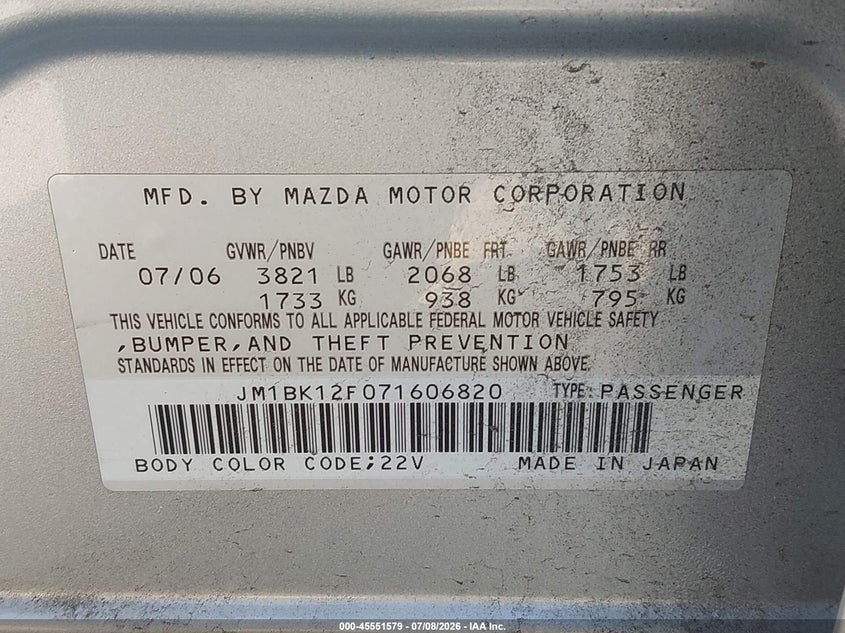 MAZDA MAZDA3 2007 VIN JM1BK12F071606820