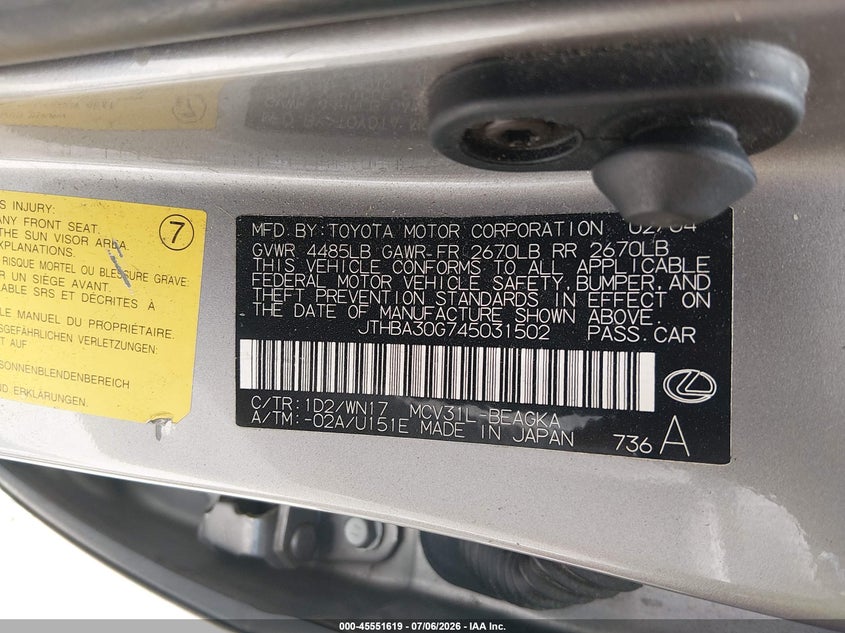 2004 Lexus Es 330 VIN: JTHBA30G745031502 Lot: 45551619