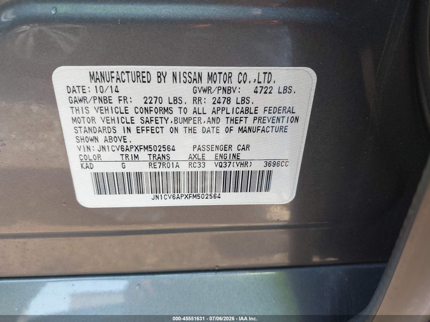 2015 Infiniti Q40 VIN: JN1CV6APXFM502564 Lot: 45551631