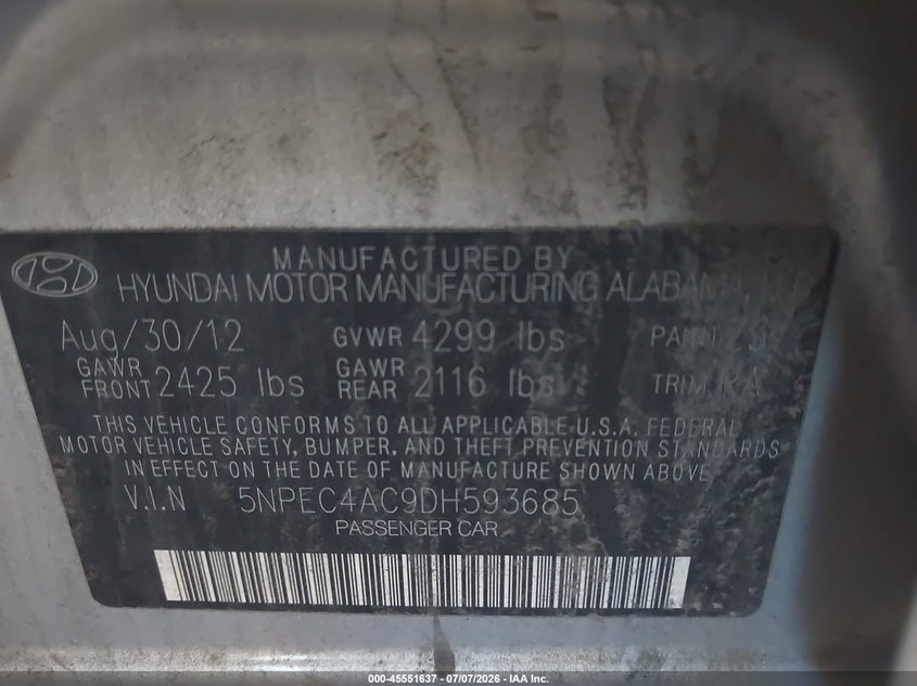 2013 HYUNDAI SONATA SEDAN 2.4L I-4 DI, DOHC, VVT, 198HP