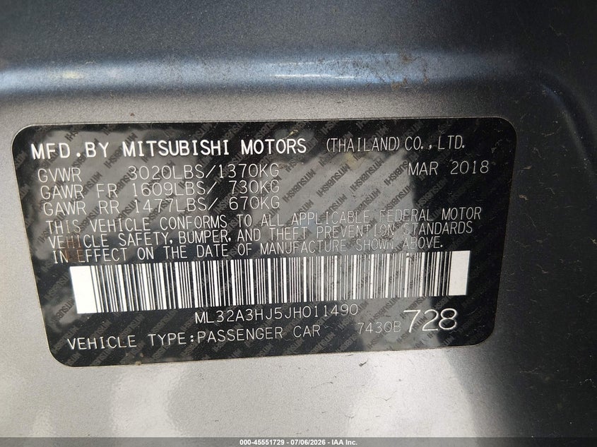 MITSUBISHI MIRAGE 2018 VIN ML32A3HJ5JH011490