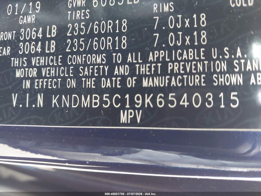 2019 Kia Sedona Ex VIN: KNDMB5C19K6540315 Lot: 45551750