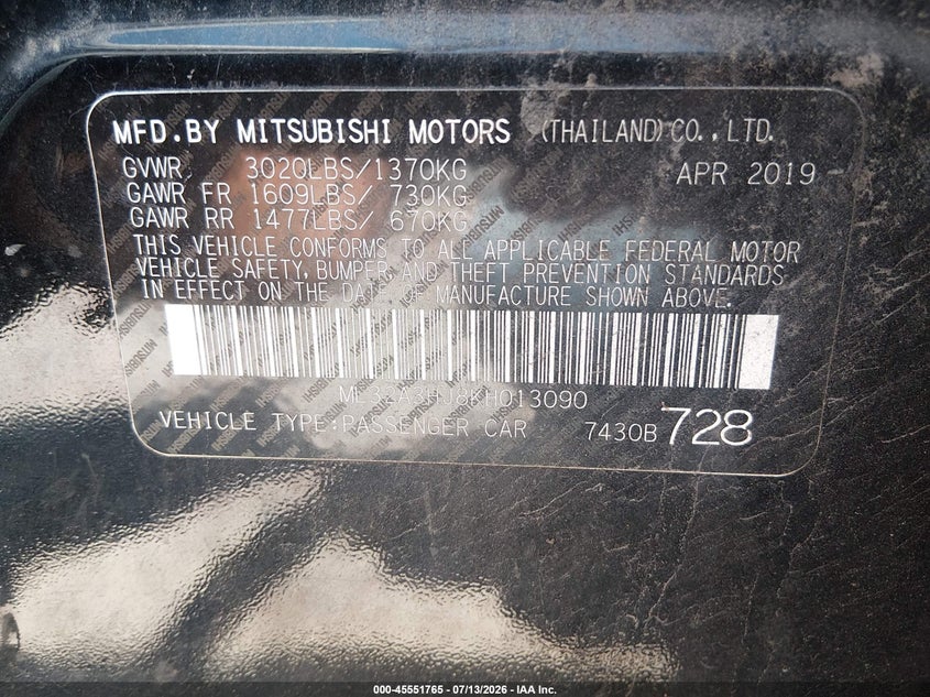 2019 Mitsubishi Mirage Es/Rf VIN: ML32A3HJ8KH013090 Lot: 45551765