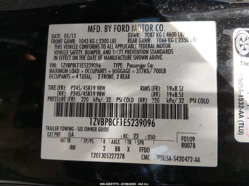 2014 Ford Mustang Gt/Gt Premium VIN: 1ZVBP8CF1E5239096 Lot: 45551773