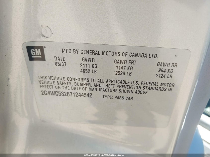 2007 Buick Lacrosse Cx VIN: 2G4WC582671244542 Lot: 45551829