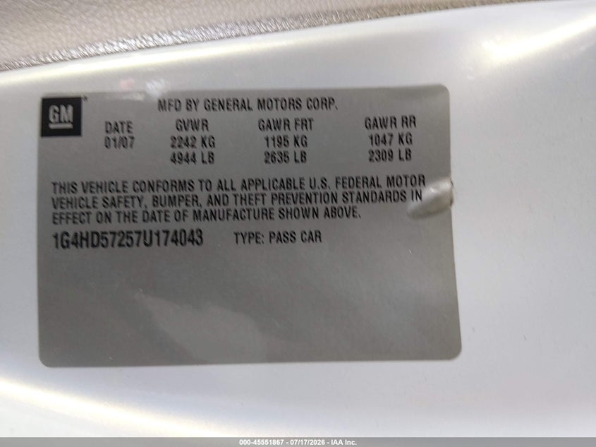 2007 Buick Lucerne Cxl VIN: 1G4HD57257U174043 Lot: 45551867